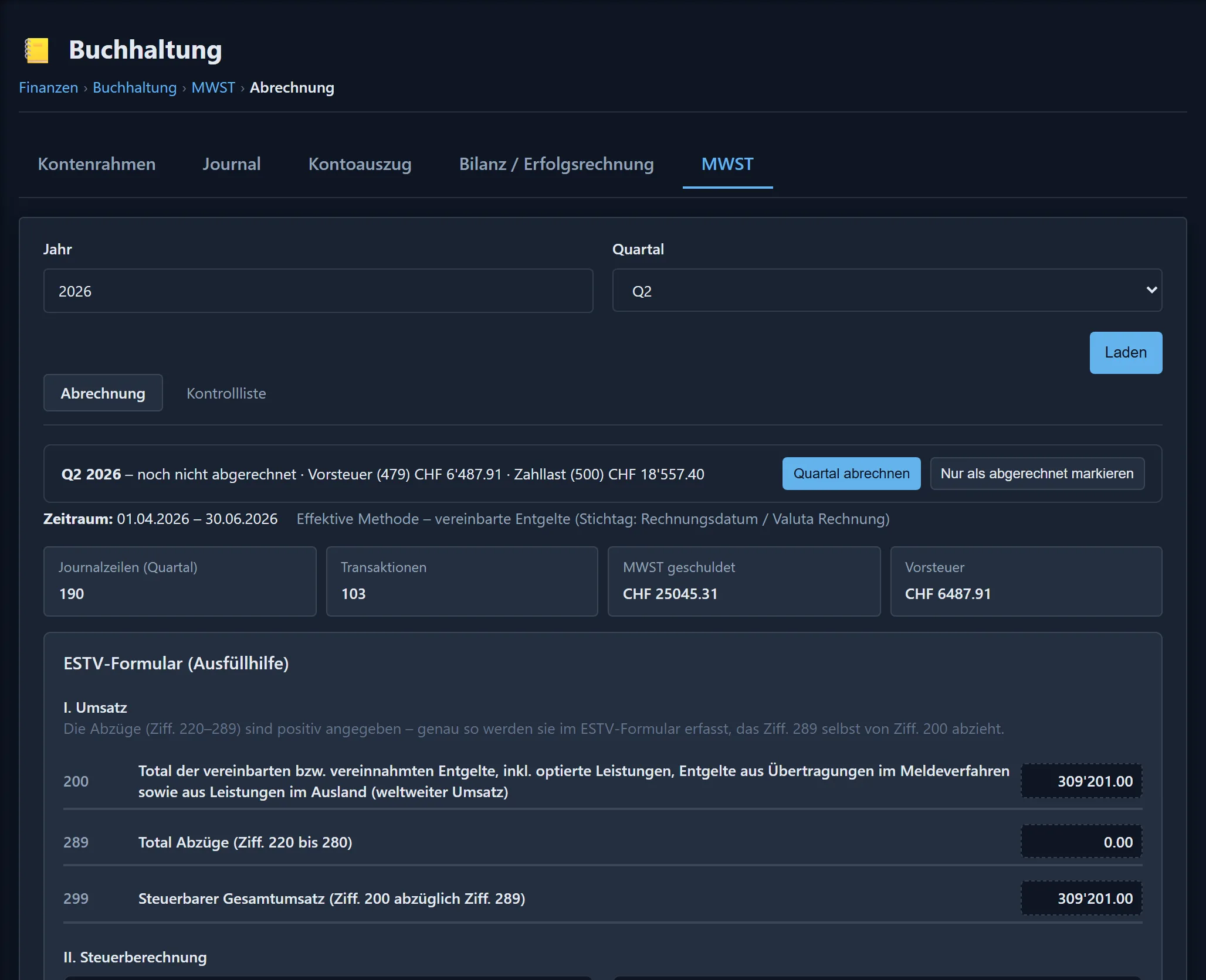 MWST-Abrechnung in Omnia mit den Ziffern des ESTV-Formulars