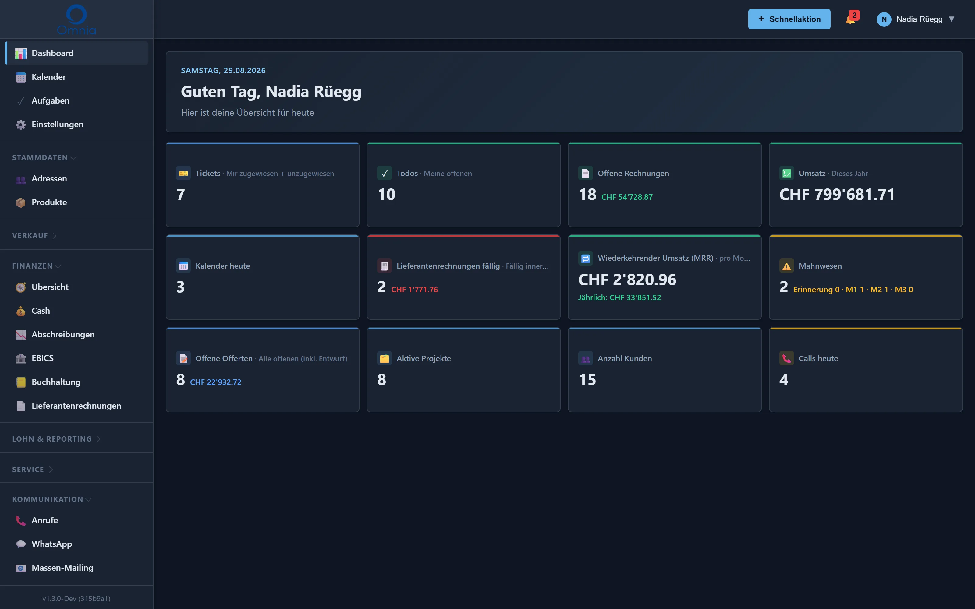 Dashboard von Omnia mit Tickets, Aufgaben und offenen Rechnungen
