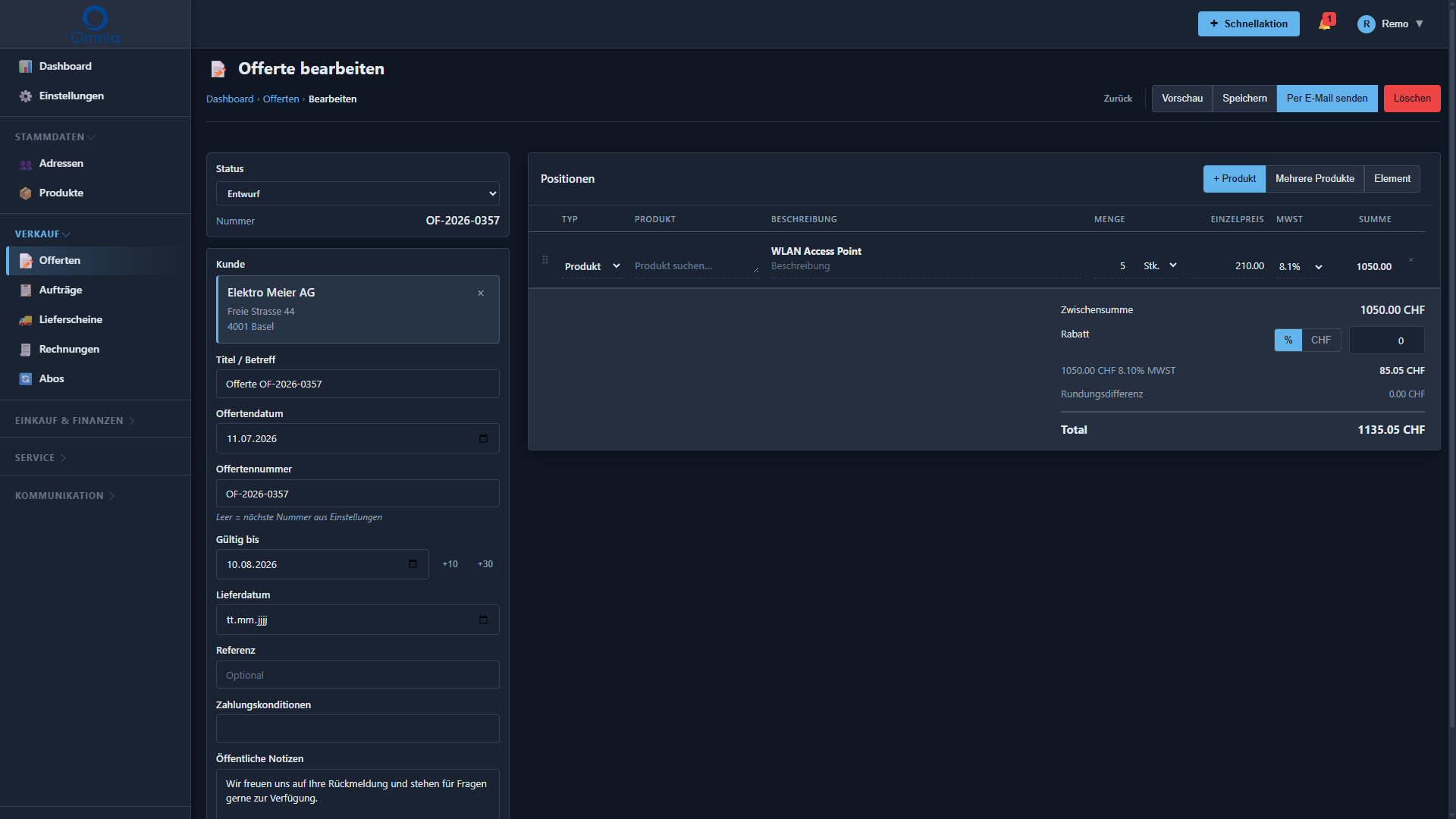 Offerte bearbeiten &ndash; Omnia Plattform